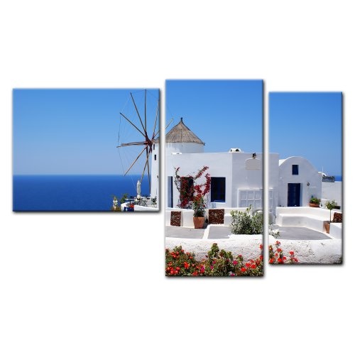 Wandbild - Griechische Mühle - Bild auf Leinwand - 130x80 cm 3 teilig - Leinwandbilder - Bilder als Leinwanddruck - Urlaub, Sonne & Meer - Mittelmeer - Griechenland - Mühle in Santorini