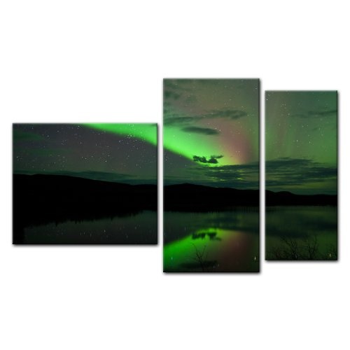 Wandbild - Nordlichter - Bild auf Leinwand - 130x80 cm 3 teilig - Leinwandbilder - Bilder als Leinwanddruck - Landschaften - Natur - Polarlichter in der Nacht