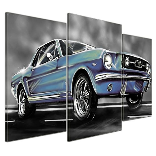 Wandbild - Mustang Graphic - blau - Bild auf Leinwand - 100x60 cm 3 teilig - Leinwandbilder - Motorisiert - Oldtimer - Klassiker - Amerika