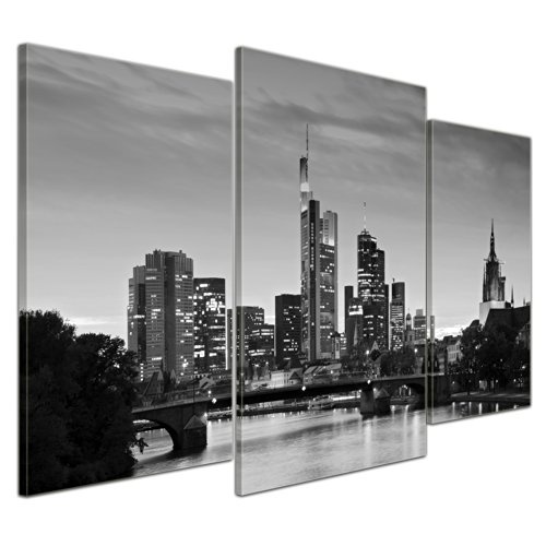 Wandbild - Frankfurt Skyline schwarz weiß - Deutschland bei Nacht - Deutschland - Bild auf Leinwand - 100x60 cm 3 teilig - Leinwandbilder - Städte & Kulturen - Hessen - Hochhäuser - Messe - Börse