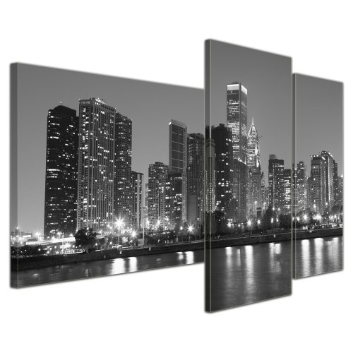 Wandbild - Chicago - Bild auf Leinwand - 130x80 cm 3 teilig - Leinwandbilder - Bilder als Leinwanddruck - Städte & Kulturen - Amerika - USA - Stadtansicht in schwarz weiß