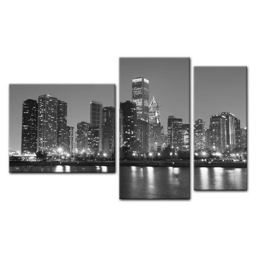 Wandbild - Chicago - Bild auf Leinwand - 130x80 cm 3 teilig - Leinwandbilder - Bilder als Leinwanddruck - Städte & Kulturen - Amerika - USA - Stadtansicht in schwarz weiß