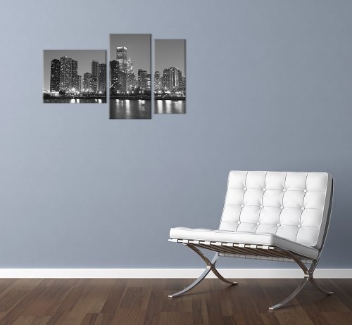 Wandbild - Chicago - Bild auf Leinwand - 130x80 cm 3 teilig - Leinwandbilder - Bilder als Leinwanddruck - Städte & Kulturen - Amerika - USA - Stadtansicht in schwarz weiß