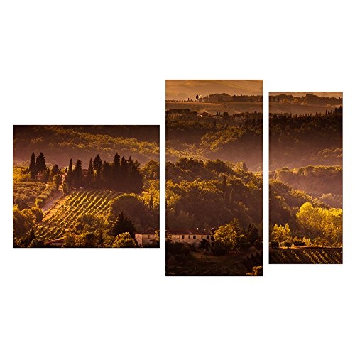 Wandbild - Toskana im Sonnenuntergang II - Bild auf Leinwand - 130x80 cm 3 teilig - Leinwandbilder - Landschaften - Italien - Chianti-Hügel - Zypressen - Weinreben
