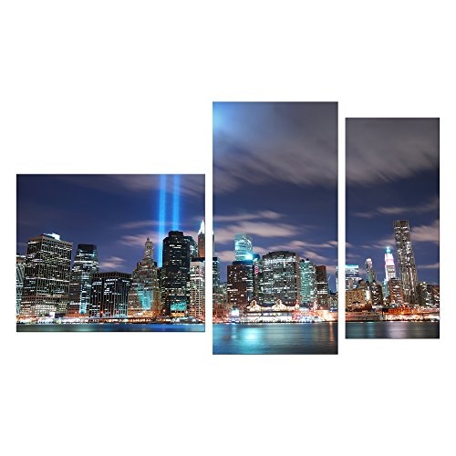 Wandbild - New York City Manhattan at Night - USA - Bild auf Leinwand - 130x80 cm 3 teilig - Leinwandbilder - Städte & Kulturen - Amerika - Skyline - World Trade Center - beleuchtet