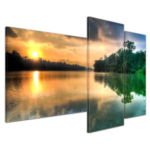 Wandbild - Morgenreflektion - Bild auf Leinwand - 130x80 cm 3 teilig - Leinwandbilder - Bilder als Leinwanddruck - Landschaften - Sonne über Einem Fluss