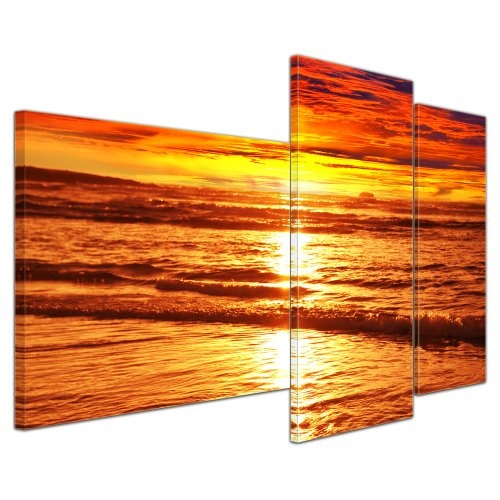 Wandbild - Sonnenuntergang - Bild auf Leinwand - 130x80 cm 3 teilig - Leinwandbilder - Bilder als Leinwanddruck - Urlaub, Sonne & Meer - Landschaft - prächtiger Sonnenuntergang über dem Meer