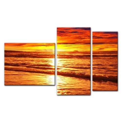 Wandbild - Sonnenuntergang - Bild auf Leinwand - 130x80 cm 3 teilig - Leinwandbilder - Bilder als Leinwanddruck - Urlaub, Sonne & Meer - Landschaft - prächtiger Sonnenuntergang über dem Meer