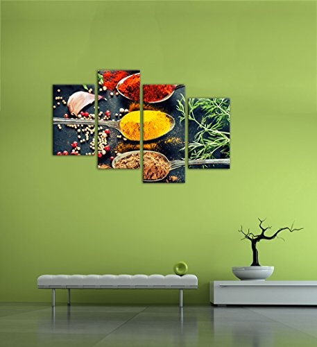 Wandbild - Kräuter und Gewürze - Bild auf Leinwand - 120x80 cm vierteilig - Leinwandbilder - Essen & Trinken - farbenfrohe Gewürze auf Löffeln