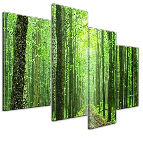 Wandbild - Waldweg - Bild auf Leinwand - 120x80 cm vierteilig - Leinwandbilder - Landschaften - grüner Wald - Ausflug - wandern - Spaziergang