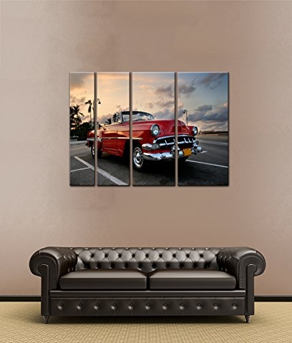 Keilrahmenbild - Roter Oldtimer in Havanna - Bild auf Leinwand - 180x120 cm vierteilig - Leinwandbilder - Motorisiert - Kuba - US-amerikanischer Oldtimer