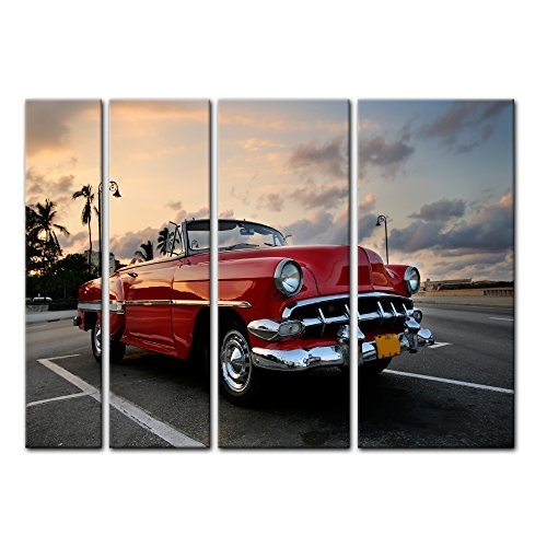 Keilrahmenbild - Roter Oldtimer in Havanna - Bild auf Leinwand - 180x120 cm vierteilig - Leinwandbilder - Motorisiert - Kuba - US-amerikanischer Oldtimer