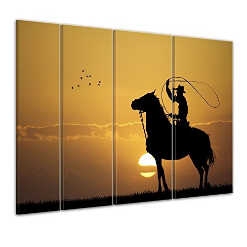 Keilrahmenbild - Rodeo Cowboy - Bild auf Leinwand - 180x120 cm vierteilig - Leinwandbilder - Geist & Seele - Reiter mit Lasso im Sonnenuntergang