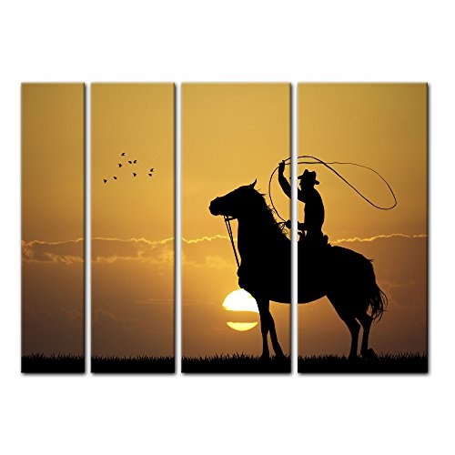 Keilrahmenbild - Rodeo Cowboy - Bild auf Leinwand - 180x120 cm vierteilig - Leinwandbilder - Geist & Seele - Reiter mit Lasso im Sonnenuntergang