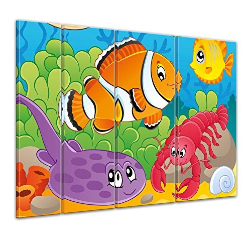 Keilrahmenbild - Kinderbild Unterwasser Tiere VI - Bild auf Leinwand - 180x120 cm vierteilig - Leinwandbilder - Kinder - Rochen, Fisch und Languste