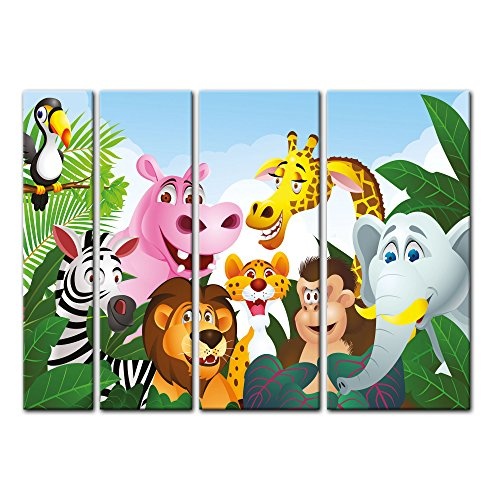 Keilrahmenbild - Kinderbild Dschungeltiere Cartoon III - Bild auf Leinwand - 180x120 cm vierteilig - Leinwandbilder - Kinder - Gruppenbild von Wilden Tieren