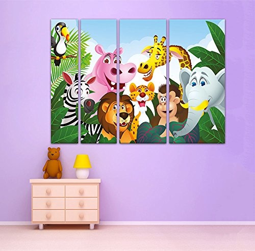 Keilrahmenbild - Kinderbild Dschungeltiere Cartoon III - Bild auf Leinwand - 180x120 cm vierteilig - Leinwandbilder - Kinder - Gruppenbild von Wilden Tieren