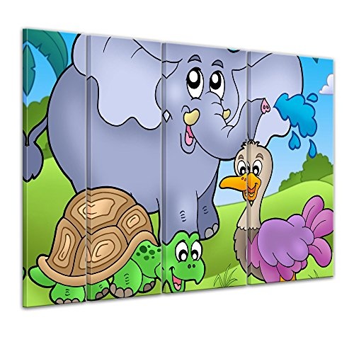 Keilrahmenbild - Kinderbild Tropische Tiere - Bild auf Leinwand - 180x120 cm vierteilig - Leinwandbilder - Kinder - lustige Tiere - Elefant, Schildkröte und Strauß