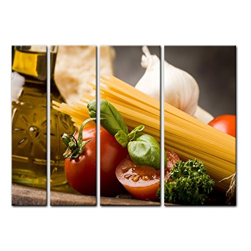 Keilrahmenbild - Italienische Pasta IV - Bild auf Leinwand - 180x120 cm vierteilig - Leinwandbilder - Essen & Trinken - Tomaten, Basilikum und Spaghetti