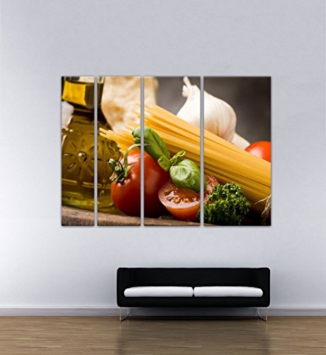 Keilrahmenbild - Italienische Pasta IV - Bild auf Leinwand - 180x120 cm vierteilig - Leinwandbilder - Essen & Trinken - Tomaten, Basilikum und Spaghetti