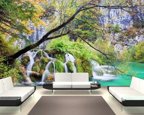 Fototapete selbstklebend Wasserfall im Herbst - 230x150 cm - Wandtapete - Poster - Dekoration - Wandbild - Wandposter - Bild - Wandbilder - Wanddeko