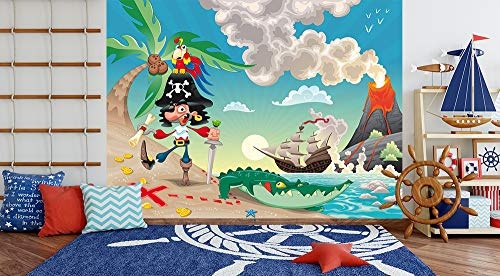 Fototapete selbstklebend Kindertapete - Pirat auf Insel - Cartoon - 200x150 cm - Wandtapete - Poster - Dekoration - Wandbild - Wandposter - Bild - Wandbilder - Wanddeko