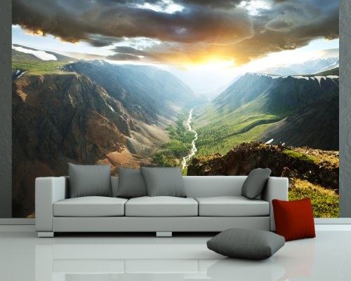 Fototapete selbstklebend Berge mit Sonnenuntergang - 270x180 cm - Bildertapete Fotoposter Poster - Natur Landschaft Tal Gipfel Himmel Wolken