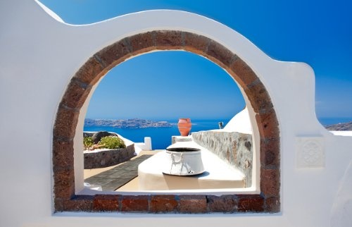 Fototapete selbstklebend Window to Paradise - Santorini Griechenland - 230x150 cm - Wandtapete - Poster - Dekoration - Wandbild - Wandposter - Bild - Wandbilder - Wanddeko
