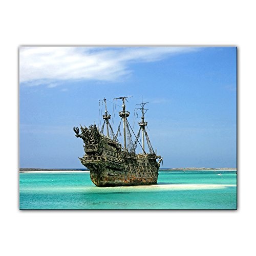 Wandbild Piratenschiff in der Karibik - 80x60 cm Leinwandbilder Bilder als Leinwanddruck Fotoleinwand Landschaften Geisterschiff - Schiffswrack auf Einer Sandbank
