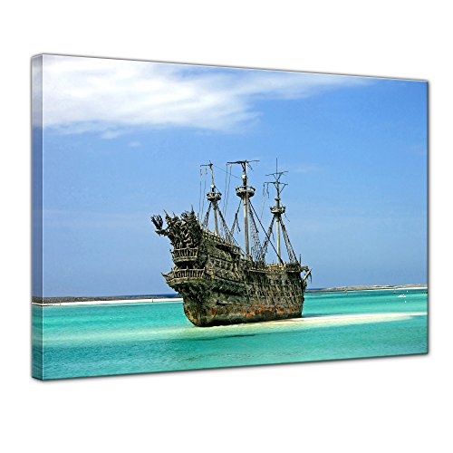 Wandbild Piratenschiff in der Karibik - 80x60 cm Leinwandbilder Bilder als Leinwanddruck Fotoleinwand Landschaften Geisterschiff - Schiffswrack auf Einer Sandbank