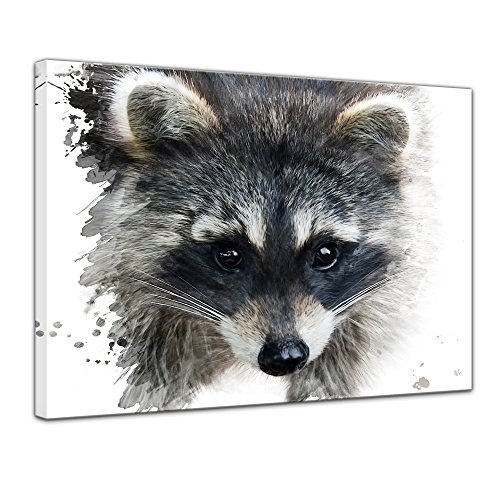 Wandbild - Aquarell - Waschbär - Bild auf Leinwand 70 x 50 cm einteilig - Leinwandbilder - Bilder als Leinwanddruck - Tierwelten - Malerei - Wildtiere - Gesicht eines Waschbären