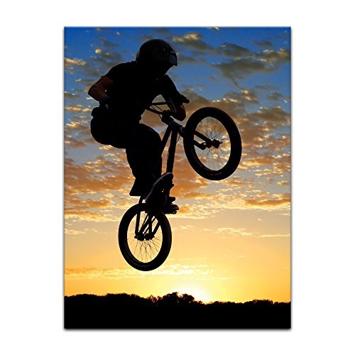 Wandbild Airborne Bike - 50x60 cm Leinwandbilder Bilder als Leinwanddruck Fotoleinwand Kunst & Life Style - BMX - Silhouette eines Bikers während eines Dirt Jumps