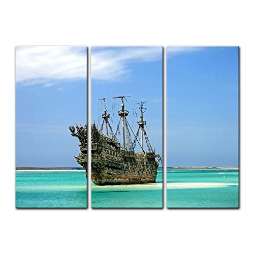 Wandbild Piratenschiff in der Karibik - 150x90 cm Leinwandbilder Bilder als Leinwanddruck Fotoleinwand Landschaften Geisterschiff - Schiffswrack auf Einer Sandbank