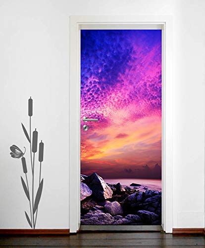 Bilderdepot24 Türtapete selbstklebend Sonnenuntergang über Einer Felsenküste 90 x 200 cm - einteilig Türaufkleber Türfolie Türposter - Natur Landschaft Küste Sunset Wasser Sonne Fels