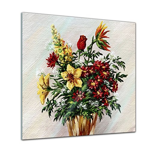 Bilderdepot24 Glasbild Kunstdruck - Blumenstrauss in Einer Glasvase - 20 x 20 cm - Deko Glas - brilliante Farben, inkl. Aufhängung