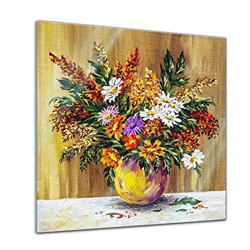 Bilderdepot24 Glasbild Stillleben Kunstdruck - Wildblumen in Einer Steinvase - 20 x 20 cm - Deko Glas - brilliante Farben, inkl. Aufhängung