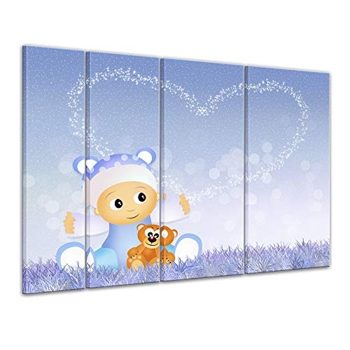 Keilrahmenbild Kinderbild Baby mit Kuschelteddy in blau - 180 x 120 cm Bilder als Leinwanddruck Fotoleinwand Kinder Kind und Teddy auf Einer Wiese