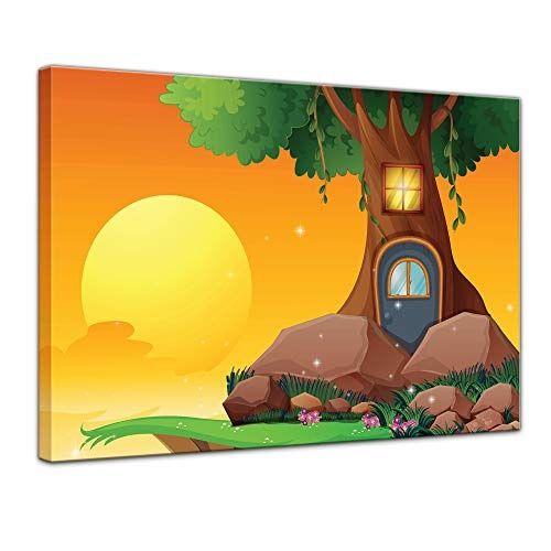 Keilrahmenbild Kinderbild Baumhaus - 120 x 90 cm Bilder als Leinwanddruck Fotoleinwand Kinder Sonnenuntergang - Haus an Einer Klippe