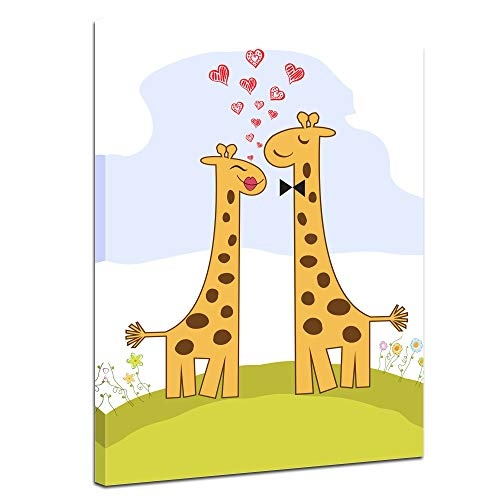 Keilrahmenbild Kinderbild verliebte Giraffen II Cartoon - 90 x 120 cm Bilder als Leinwanddruck Fotoleinwand Kinder Natur Zwei Giraffen auf Einer Wiese