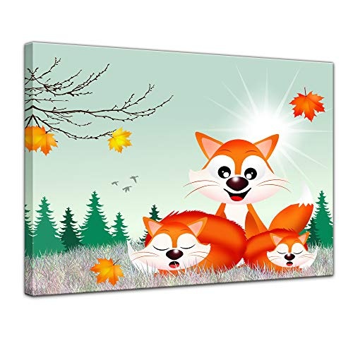 Keilrahmenbild Kinderbild Fuchsfamilie Cartoon - 120 x 90 cm Bilder als Leinwanddruck Fotoleinwand Kinder Herbst - DREI Füchse auf Einer Wiese