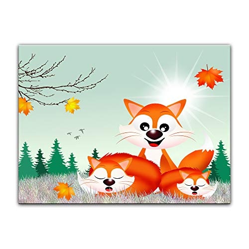 Keilrahmenbild Kinderbild Fuchsfamilie Cartoon - 120 x 90 cm Bilder als Leinwanddruck Fotoleinwand Kinder Herbst - DREI Füchse auf Einer Wiese
