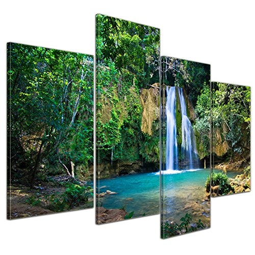 Wandbild - Wasserfall im Wald II - Bild auf Leinwand - 120x80 cm 4 teilig - Leinwandbilder - Landschaften - Natur - Nationalpark - See mit Wasserfall
