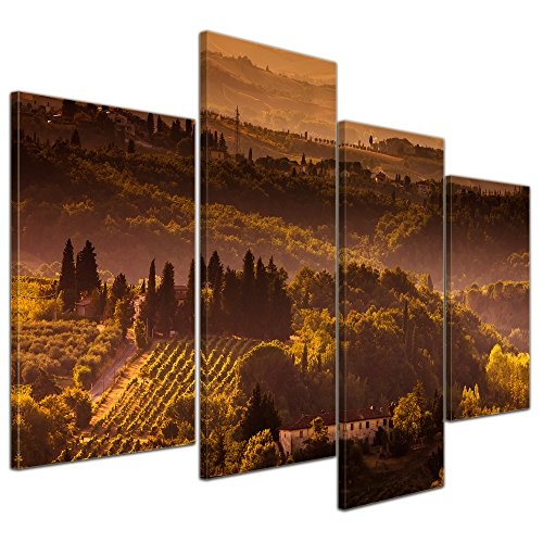 Wandbild - Toskana im Sonnenuntergang II - Bild auf Leinwand - 120x80 cm 4 teilig - Leinwandbilder - Landschaften - Italien - Chianti-Hügel - Zypressen - Weinreben