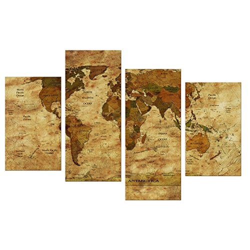Wandbild - Weltkarte Retro II farbig - Bild auf Leinwand - 120x80 cm 4 teilig - Leinwandbilder - Urban & Graphic - Erde - grafische Darstellung - detailliert - einmalig