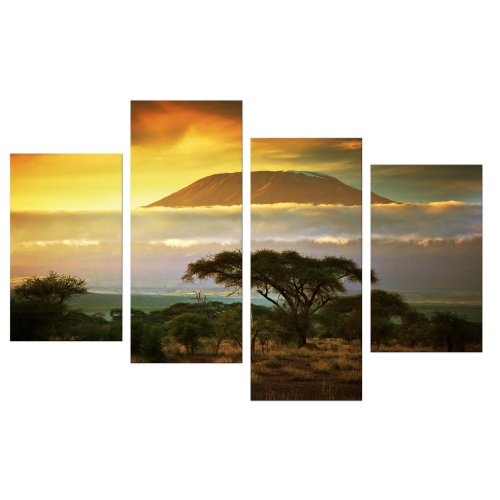 Wandbild - Kilimandscharo mit Savanne in Kenya - Afrika - Bild auf Leinwand - 120x80 cm 4 teilig - Leinwandbilder - Landschaften - Tansania - Nationalpark - Sonnenuntergang