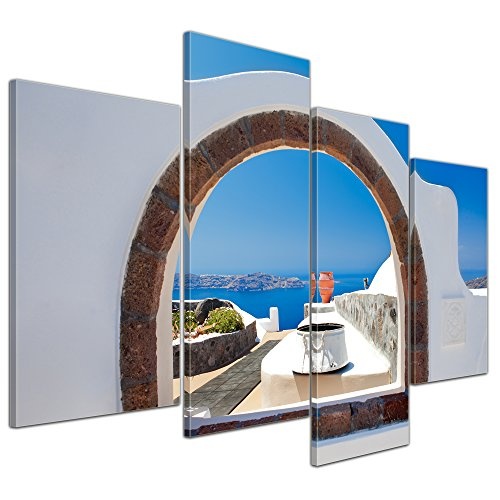 Wandbild - Window to Paradise - Fenster zum Paradies - Bild auf Leinwand - 120x80 cm 4 teilig - Leinwandbilder - Urlaub, Sonne & Meer - Santorin - Griechenland - Ausblick auf die Ägäis - mediterran