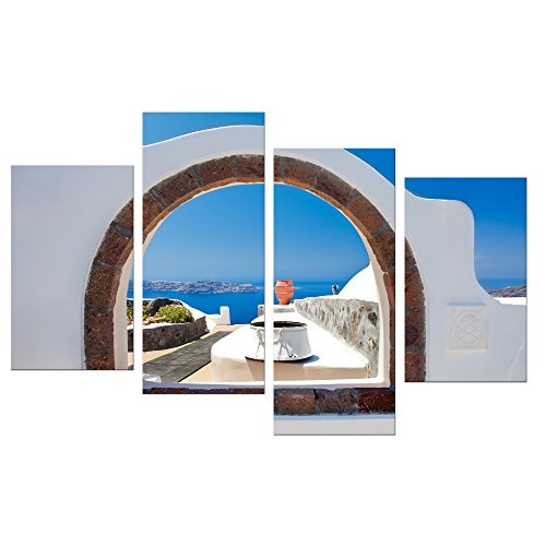 Wandbild - Window to Paradise - Fenster zum Paradies - Bild auf Leinwand - 120x80 cm 4 teilig - Leinwandbilder - Urlaub, Sonne & Meer - Santorin - Griechenland - Ausblick auf die Ägäis - mediterran