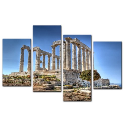 Wandbild - Kap Sounion - Griechenland - Bild auf Leinwand - 120x80 cm 4 teilig - Leinwandbilder - Bilder als Leinwanddruck - Urlaub, Sonne & Meer - Europa - Attika - Marmortempel des Poseidon
