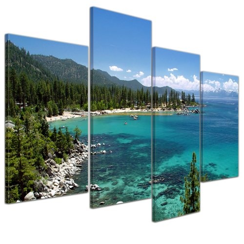 Wandbild - Lake Tahoe - Nevada USA - Bild auf Leinwand - 120x80 cm 4 teilig - Leinwandbilder - Bilder als Leinwanddruck - Landschaften - Amerika - USA - Natur - felsiges Ufer an Einem See