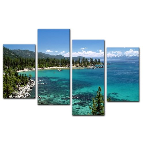 Wandbild - Lake Tahoe - Nevada USA - Bild auf Leinwand - 120x80 cm 4 teilig - Leinwandbilder - Bilder als Leinwanddruck - Landschaften - Amerika - USA - Natur - felsiges Ufer an Einem See